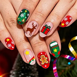 Накладные ногти Auroriel Christmas 24 шт. миндалевидные праздничный дизайн - Фото 1