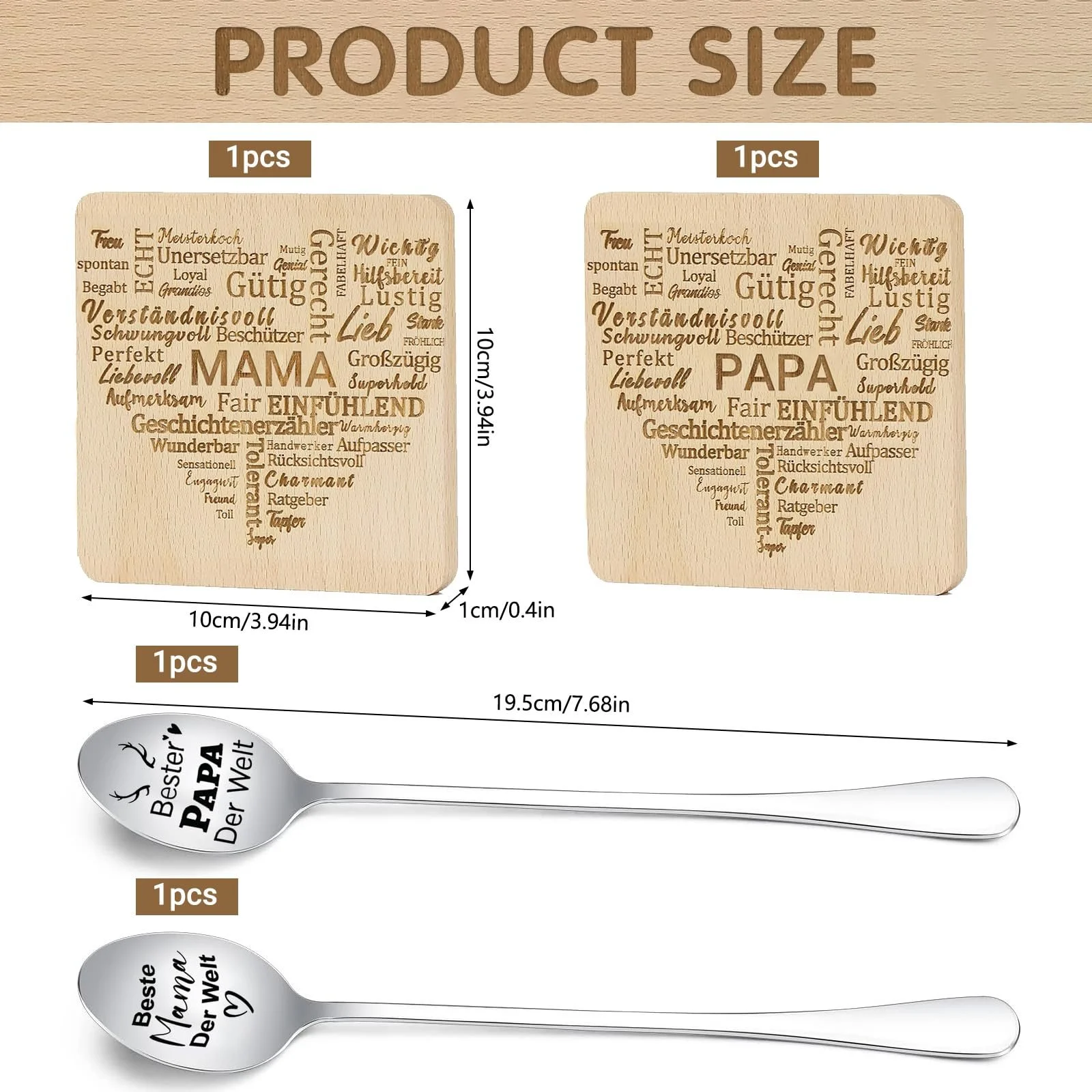 Ложка для кави, набір з 2 дерев'яних підставок, найкращим мамі і татові у світі, фото №2