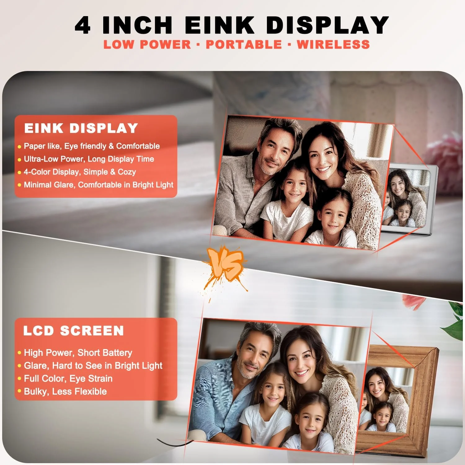Цифрова фоторамка TBAKSOLA 4.0 дюйми E Ink 768 x 528 IPS Енергоощадна Портативна Алюмінієвий сплав, фото №3