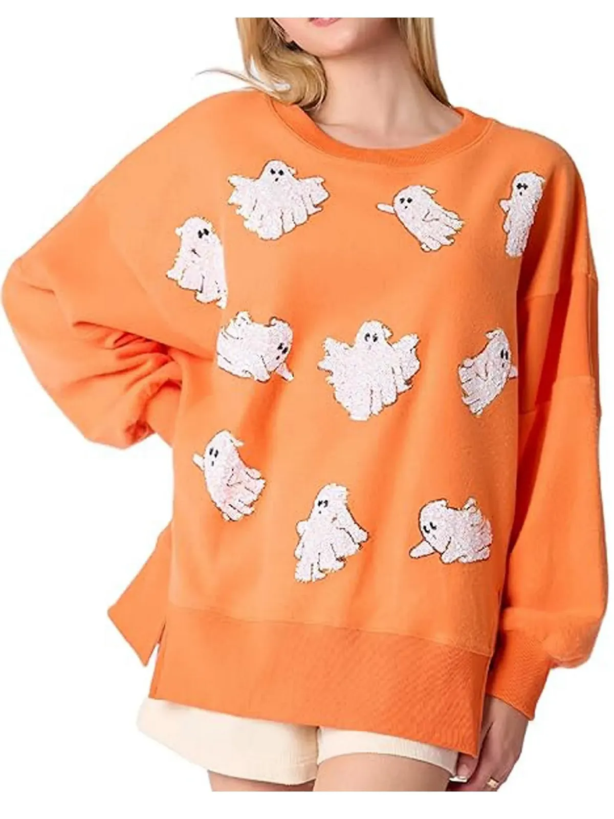 Женский свитшот SANSIWU на Хэллоуин, с пайетками, принт призрак, оверсайз, с длинными рукавами, страшный графический принт призрак, пуловер, топ, рубашка, фото №1 Женский свитшот SANSIWU на Хэллоуин, с пайетками, принт призрак, оверсайз, с длинными рукавами, страшный графический принт призрак, пуловер, топ, рубашка, фото №1