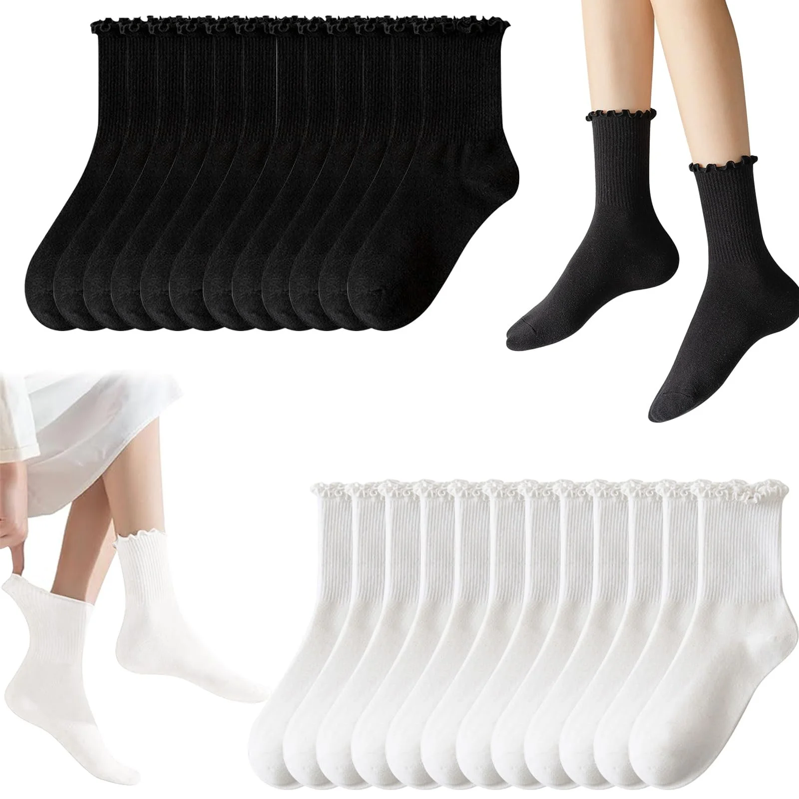 Носки с рюшами 12 пар, Женские, Белые и Черные Носки с Рюшами, Дышащие Хлопковые Носки, Мягкие Носки до Щиколотки для Ежедневного Использования, Досуга, Подарок, фото №1