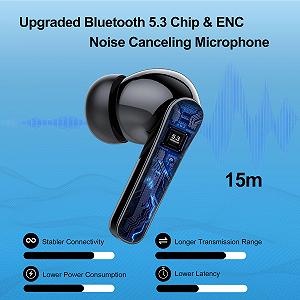 Наушники Bluetooth 5.3 с 4 HD-микрофонами 48 часов воспроизведения Глубокий бас ENC Шумоподавление Вкладыши IP7 Водонепроницаемые LED Дисплей USB-C Черный synthetic.ua - Фото 1