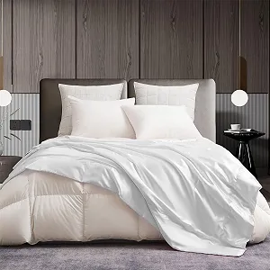 Одеяло Gezu Satin 200 x 200 см, белое - охлаждающее шелковистое летнее одеяло, легкое мягкое роскошное гладкое блестящее покрывало для кровати, дивана, спальни, офиса, путешествий - Фото 1