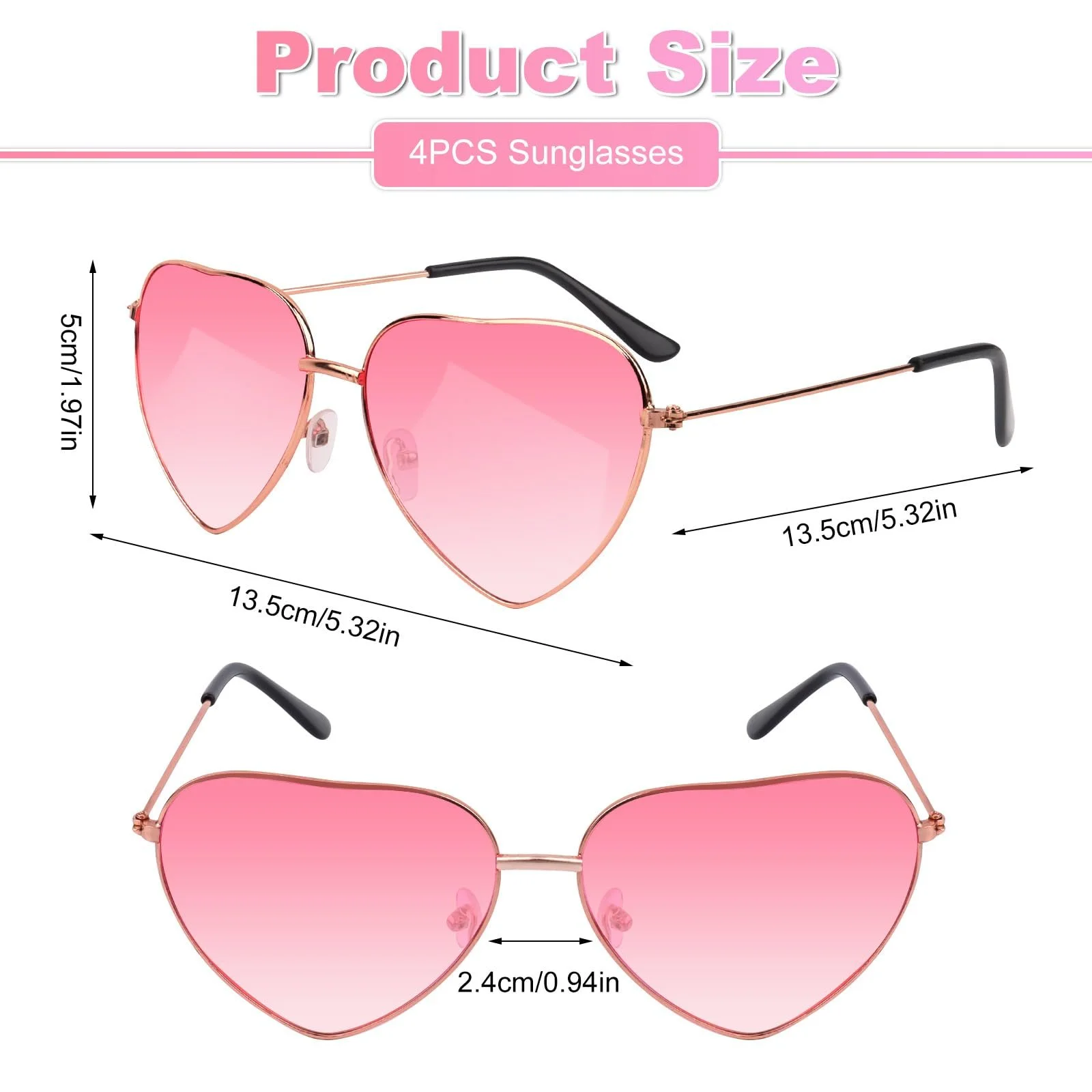 Солнцезащитные очки RISVOWO в форме сердца, металлическая оправа, ретро, ​​розовые, 4 пары., фото №2
