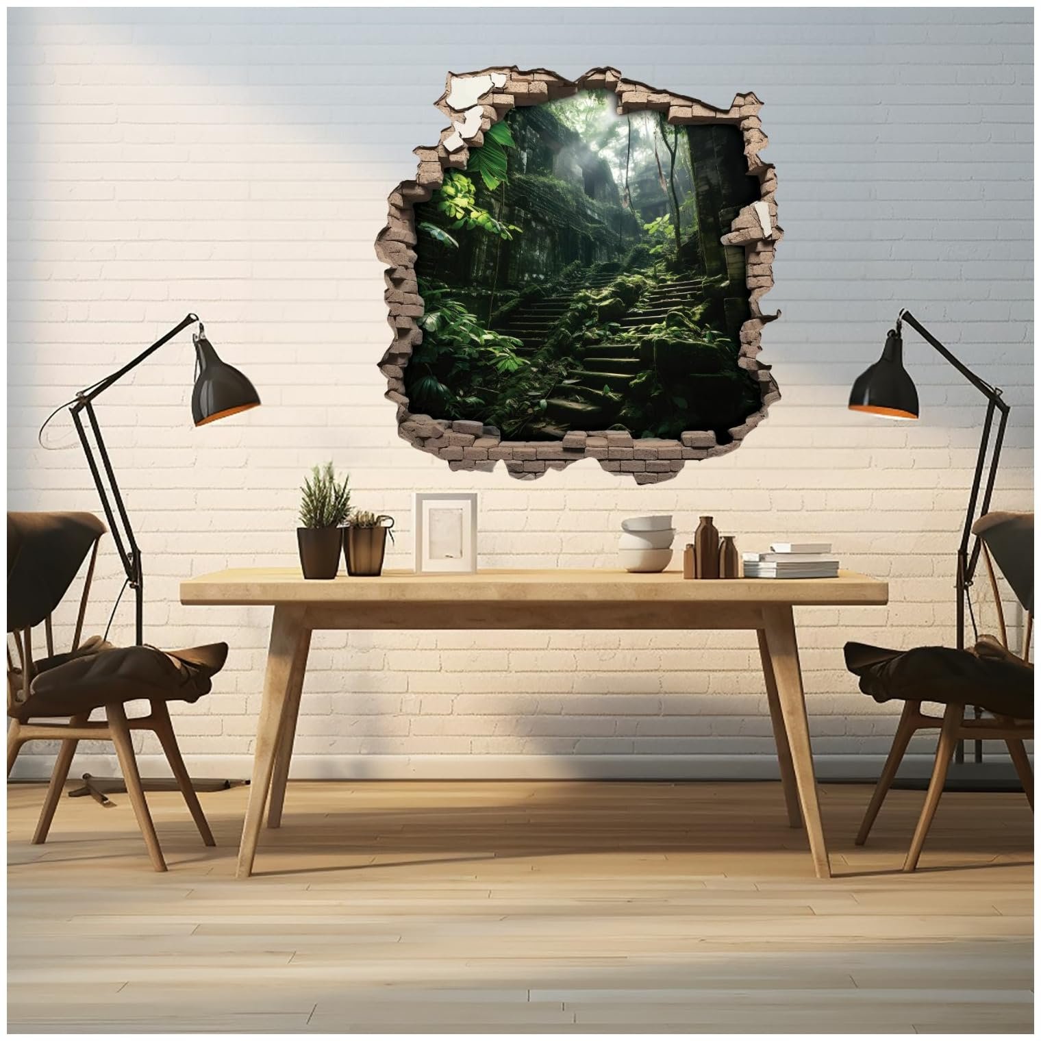 Наклейка на стіну Samunshi Отвір у стіні Руїни замку в джунглях 70 x 70 см Різнокольорова, фото №4