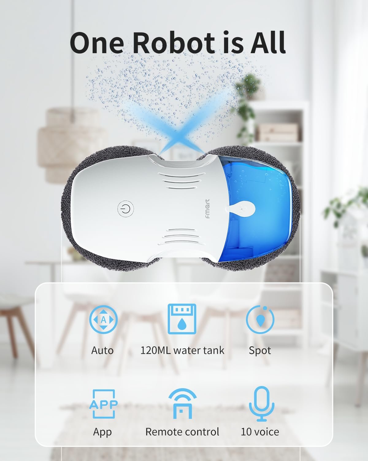Робот для мойки окон Fmart T10 с автоматической двухсторонней системой распыления, тройной системой безопасности, интеллектуальной навигацией, дистанционным управлением, для всех гладких поверхностей, с 10 салфетками, фото №4