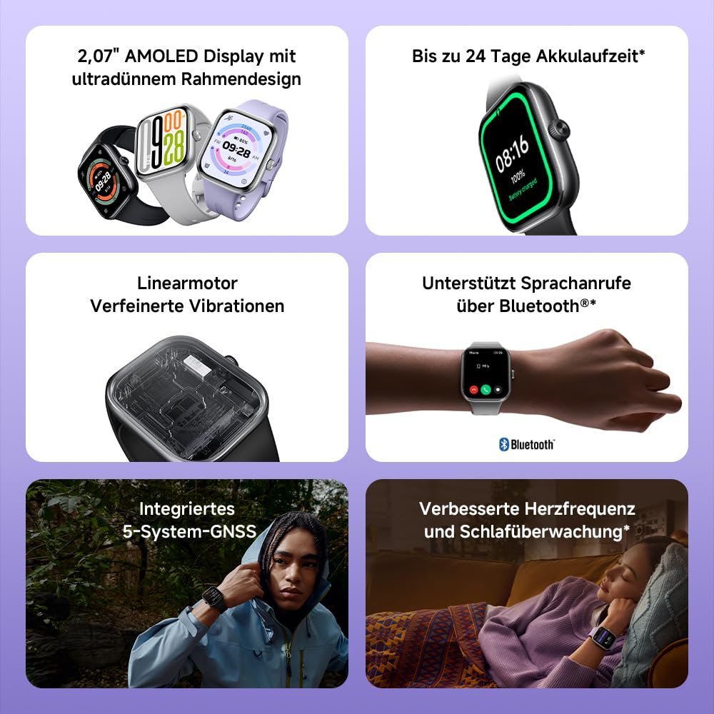 Смарт-годинник Xiaomi Redmi Watch 5, 2.07" AMOLED, 60 Гц, 150+ спортивних режимів, 5ATM, GNSS, датчик серцевого ритму та SPO₂, Bluetooth-дзвінки, алюмінієва рамка, обертова коронка, лавандовий, фото №2