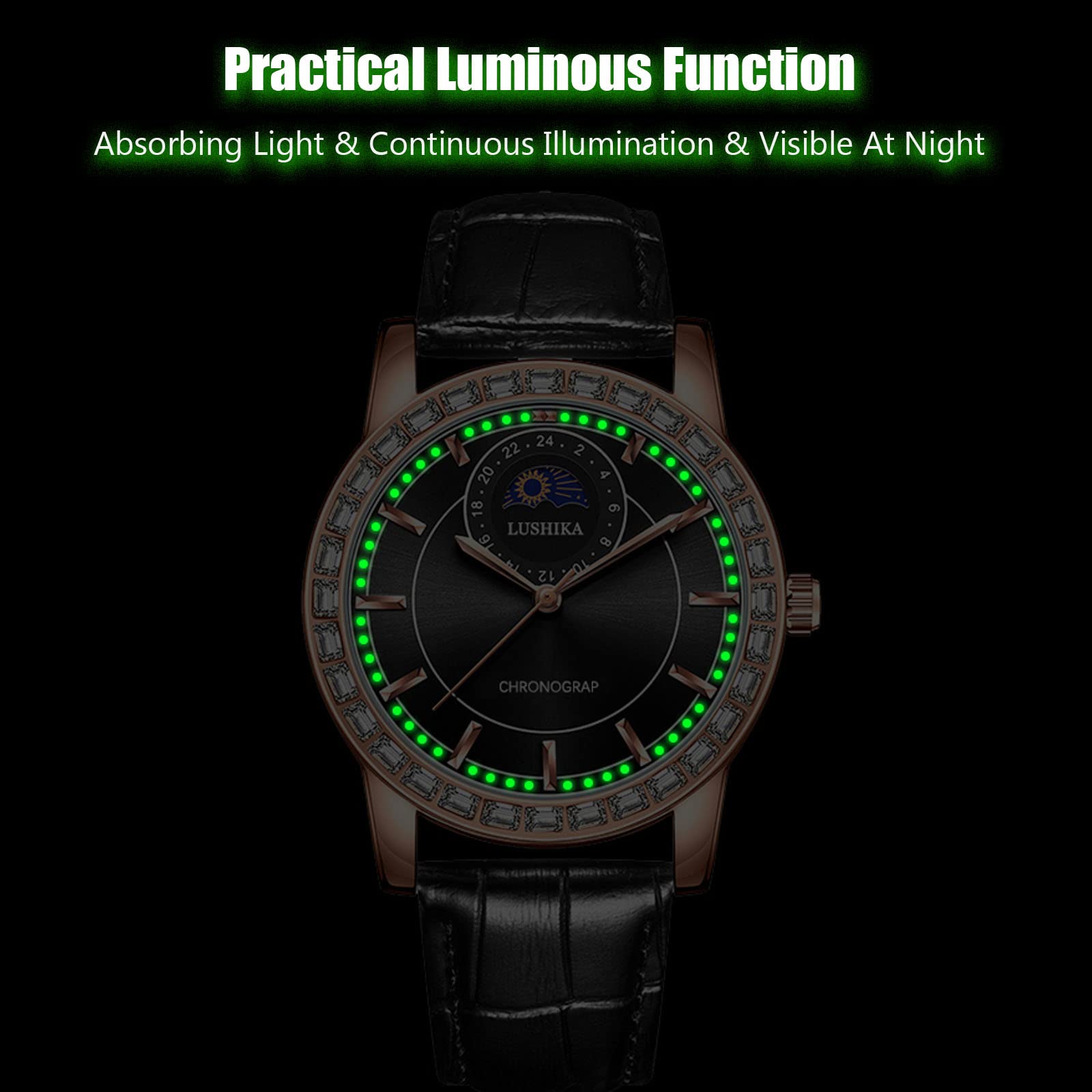 Часы rorios Мужские Аналоговые Кварцевые Бизнес Люминесцентные Водонепроницаемые Алмазный Циферблат Кожаный Ремешок Фазы Луны, фото №5