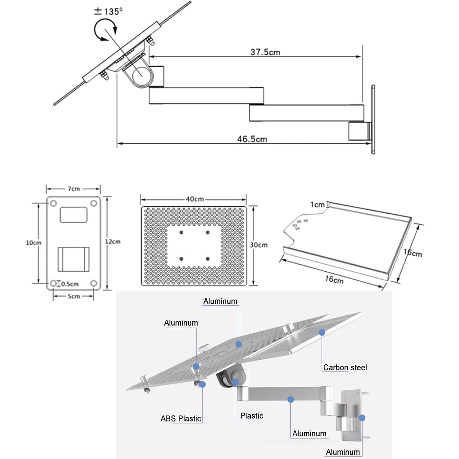 Настенное крепление для ноутбука складное с регулируемым кронштейном и подставкой для мыши. Полностью подвижная конструкция для улучшенного рассеивания тепла. Поддерживает до 8 кг, фото №5