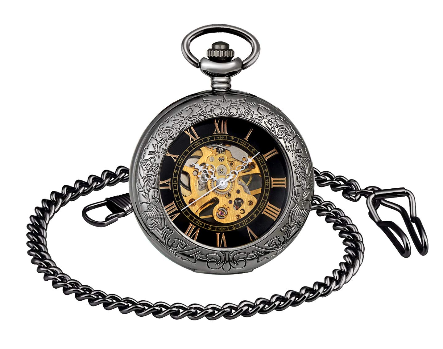 Кишеньковий годинник Unendlich U Retro Hand-Winding Mechanical з римськими цифрами і ланцюжком чорний, фото №1