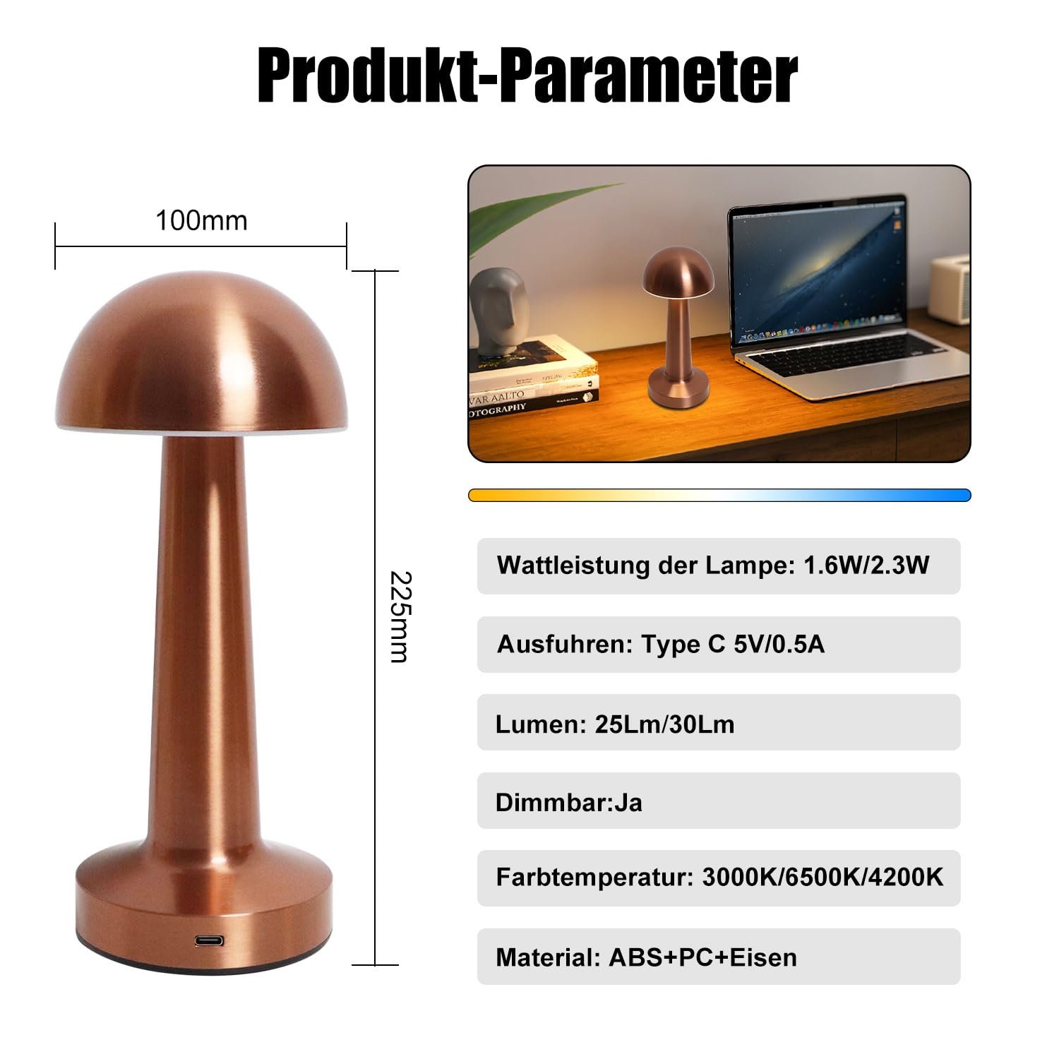 Настільна лампа EXTRASTAR Mushroom LED Сенсорна Акумуляторна Металік + Червоний, фото №8