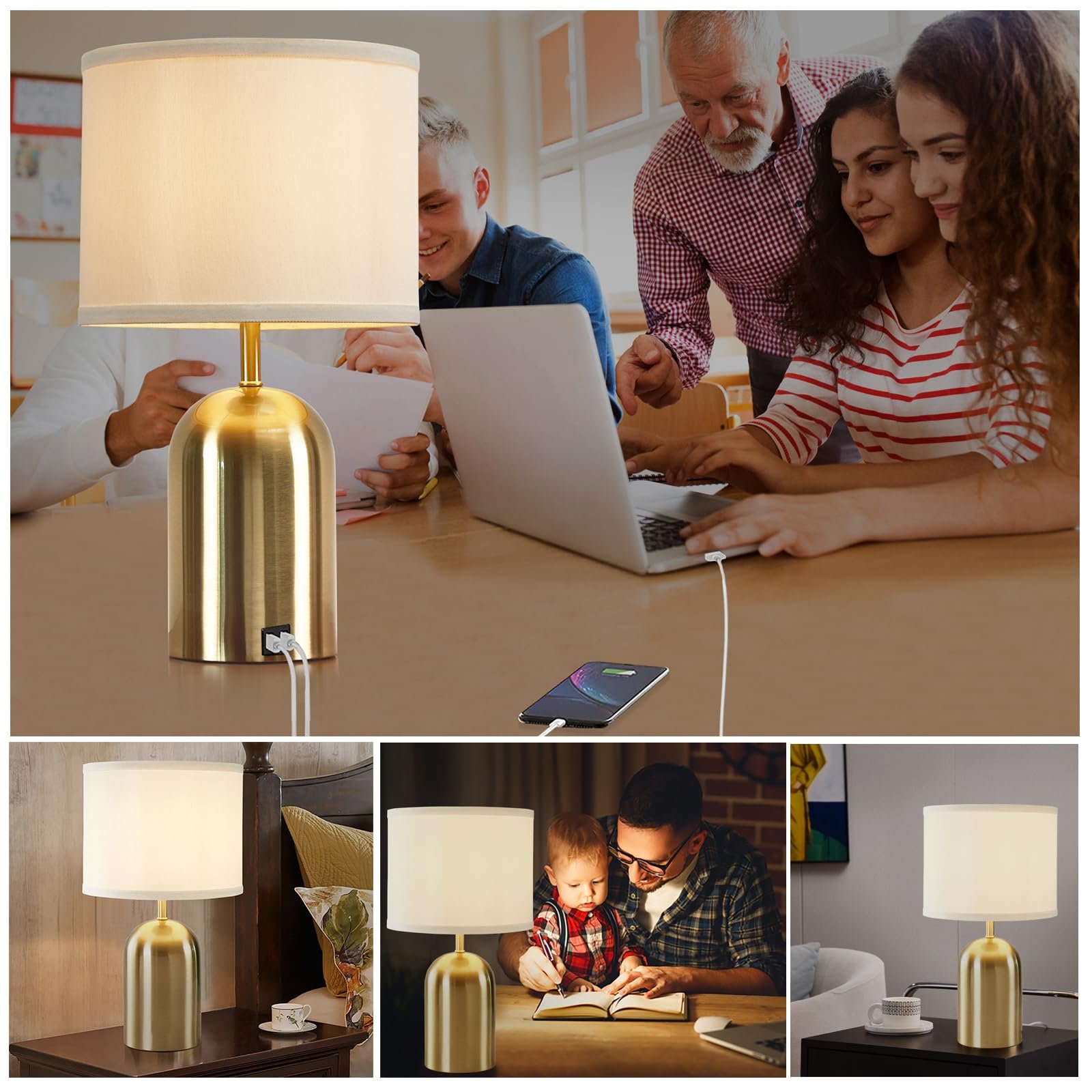 Настільна лампа GyroVu Modern Bedside Lamp з USB-портом, сенсорним керуванням та 3 рівнями яскравості, тканинний абажур золотиста основа, фото №7