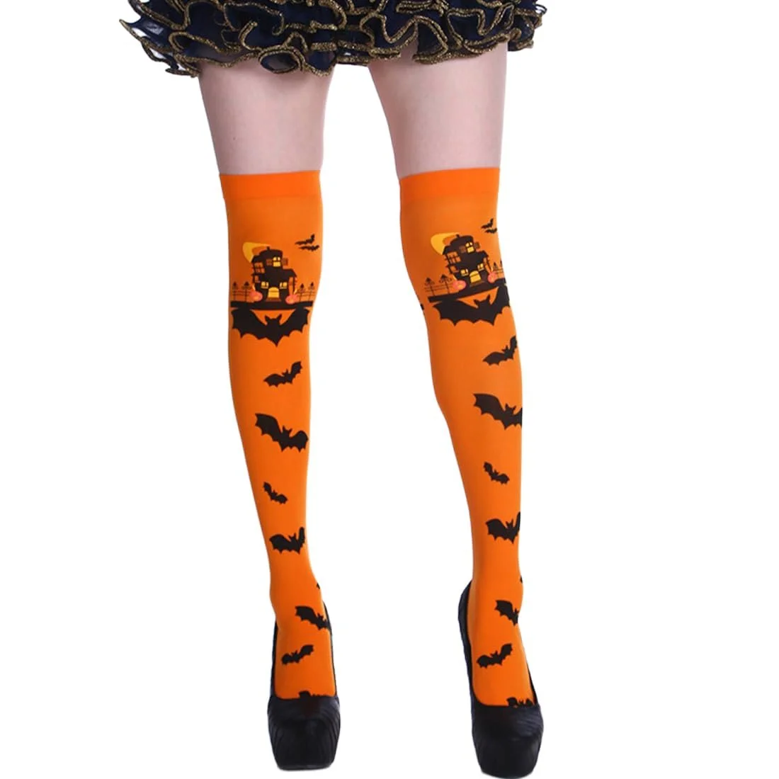 Женские гольфы Bat Pattern, 1 пара, шелковистые, из нейлона, оранжевые, фото №1