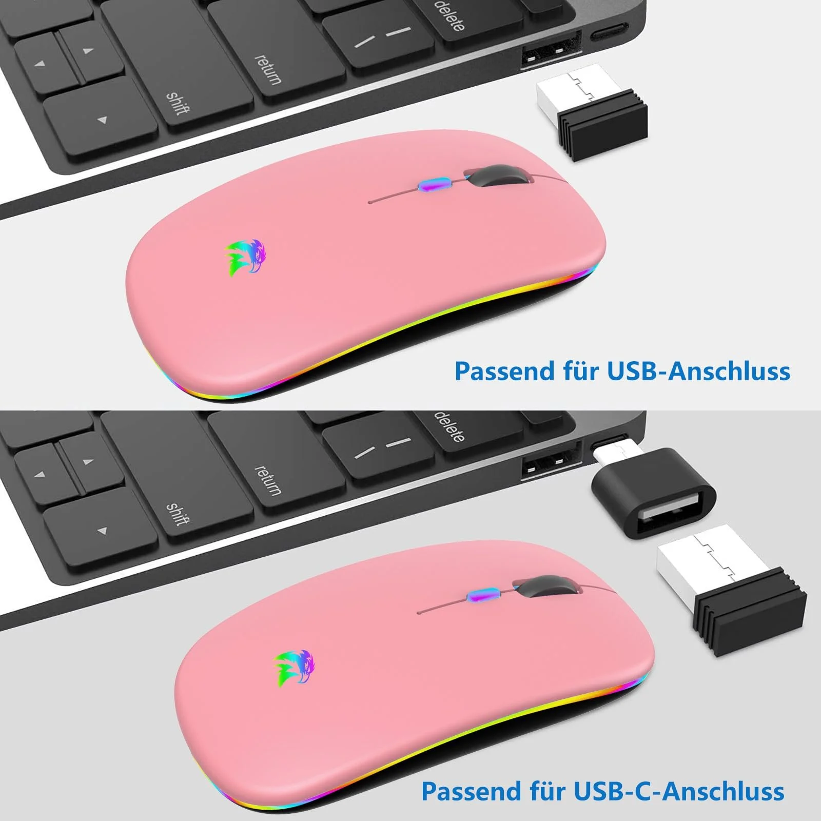 Мышь Беспроводная HZD Перезаряжаемая RGB Bluetooth с USB ресивером 1000-1600 DPI регулируемая Розовая, фото №4