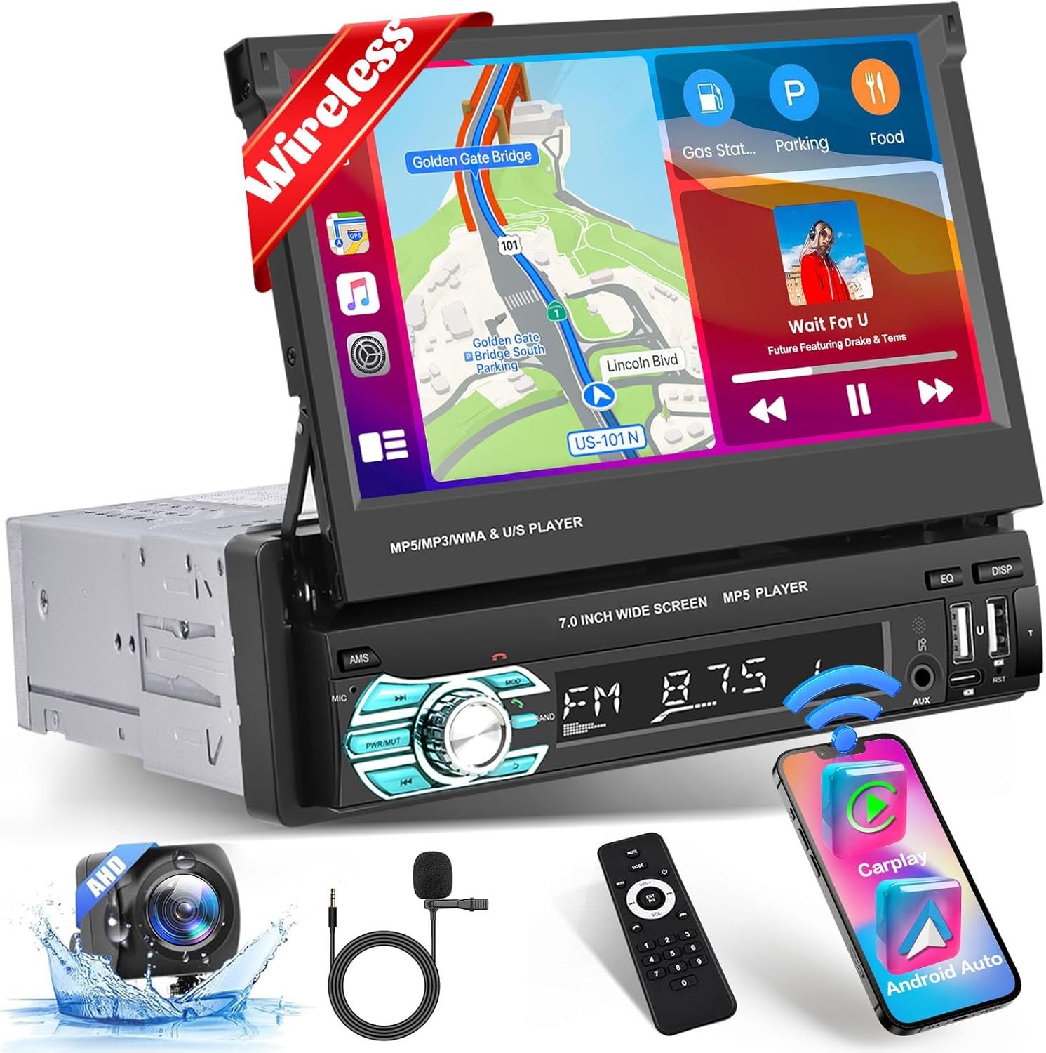 Автомагнітола Hikity / 7" / Сенсорна / Apple CarPlay / Android Auto / Bluetooth / USB / AUX / TF slot / 1DIN, фото №1