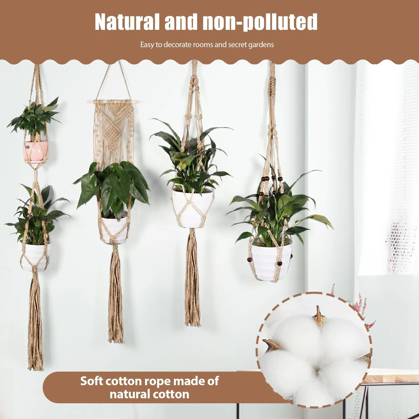 Підвісні кошики макраме Набір із 4 штук Бавовняна мотузка з гачками Коричневий, фото №3