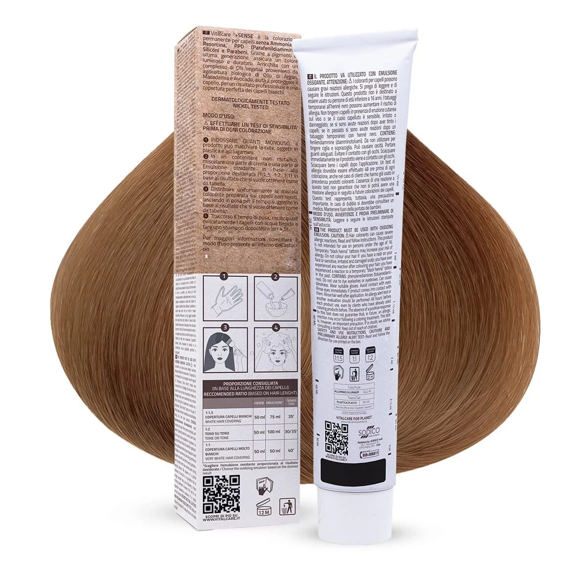 Фарба Vitalcare +Sense Professional Permanent, без аміаку, резорцину, силікону, з олією аргани, олією макадамії та авокадо, 8/3 Світлий блонд, золотистий, 100 мл, фото №2 Фарба Vitalcare +Sense Professional Permanent, без аміаку, резорцину, силікону, з олією аргани, олією макадамії та авокадо, 8/3 Світлий блонд, золотистий, 100 мл, фото №2