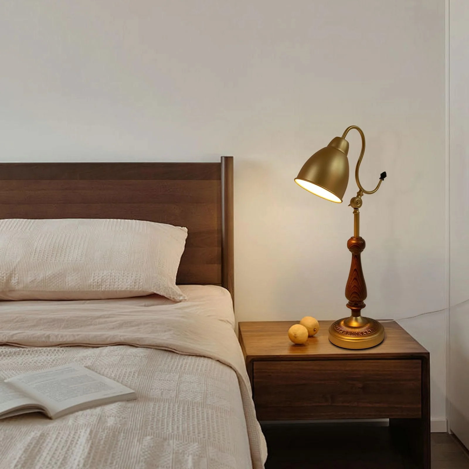 Настільна лампа 40 Вт золота ретро залізо дерево горіх мідь E26, фото №7