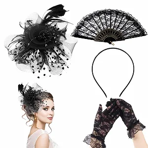 Капелюшок-Обруч Fascinators Black Retro Style з еластичною вуаллю та пір'ям - Фото 1