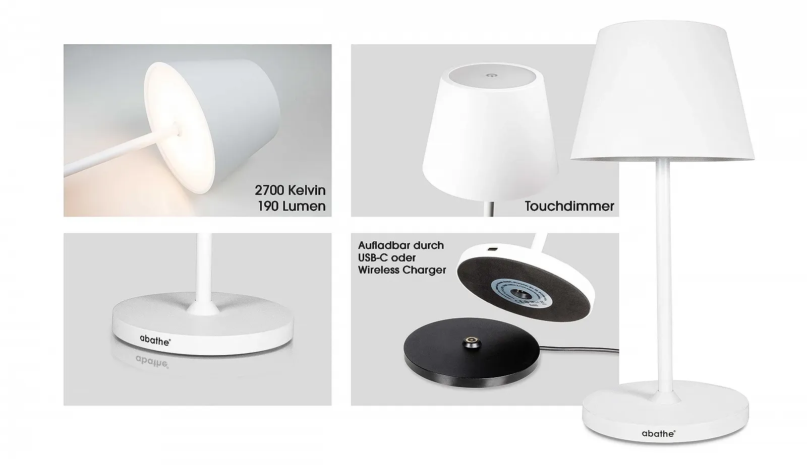 Настільна лампа LED abathe акумуляторна кругла з зарядною станцією димована бездротова 2700 K висота 25 см IP54, фото №3