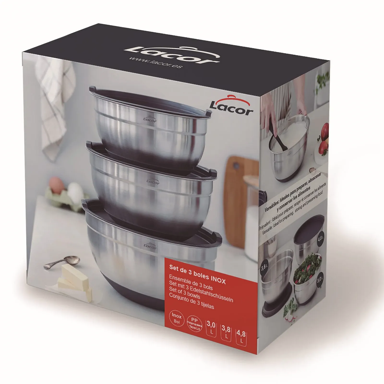 Набор мисок LACOR 60051 из нержавеющей стали с крышками 3 шт. 20 см (3 л), 22 см (3,8 л), 24 см (4,8 л), фото №6 Набор мисок LACOR 60051 из нержавеющей стали с крышками 3 шт. 20 см (3 л), 22 см (3,8 л), 24 см (4,8 л), фото №6