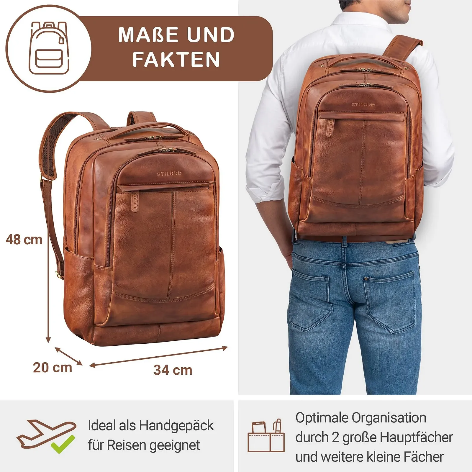 Бізнес-рюкзак STILORD Maxim Premium XL шкіряний 17-19 дюймів Black, Brandy - Cognac, фото №4