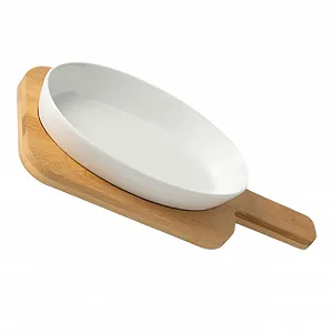Набір форм для запікання керамічний овальний з дерев'яною підставкою для мікрохвильової печі та духовки легкий - Фото 1