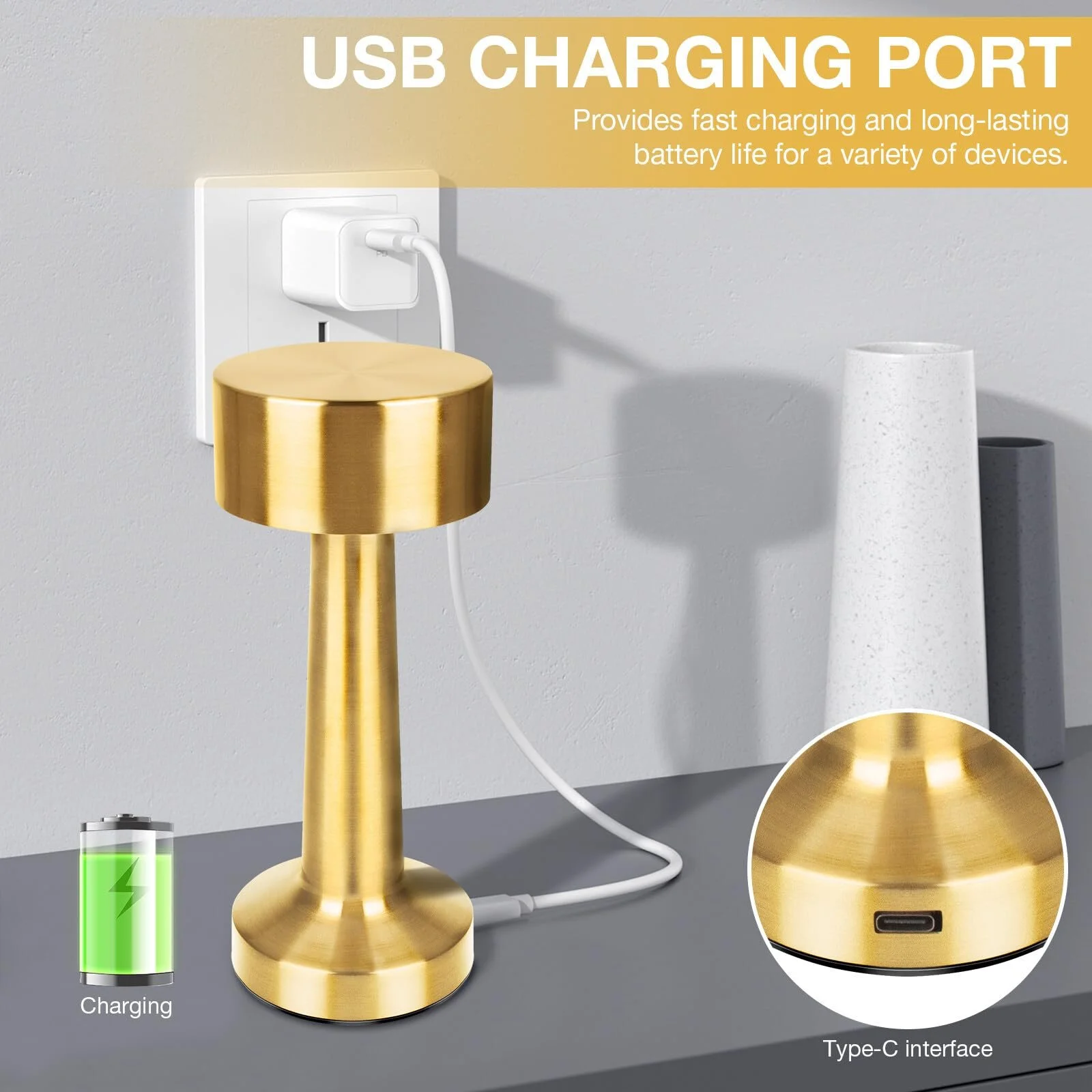 Настільна лампа LED 2-Piece Wireless USB Rechargeable Touch Dimmable 3-Level Gold, фото №4