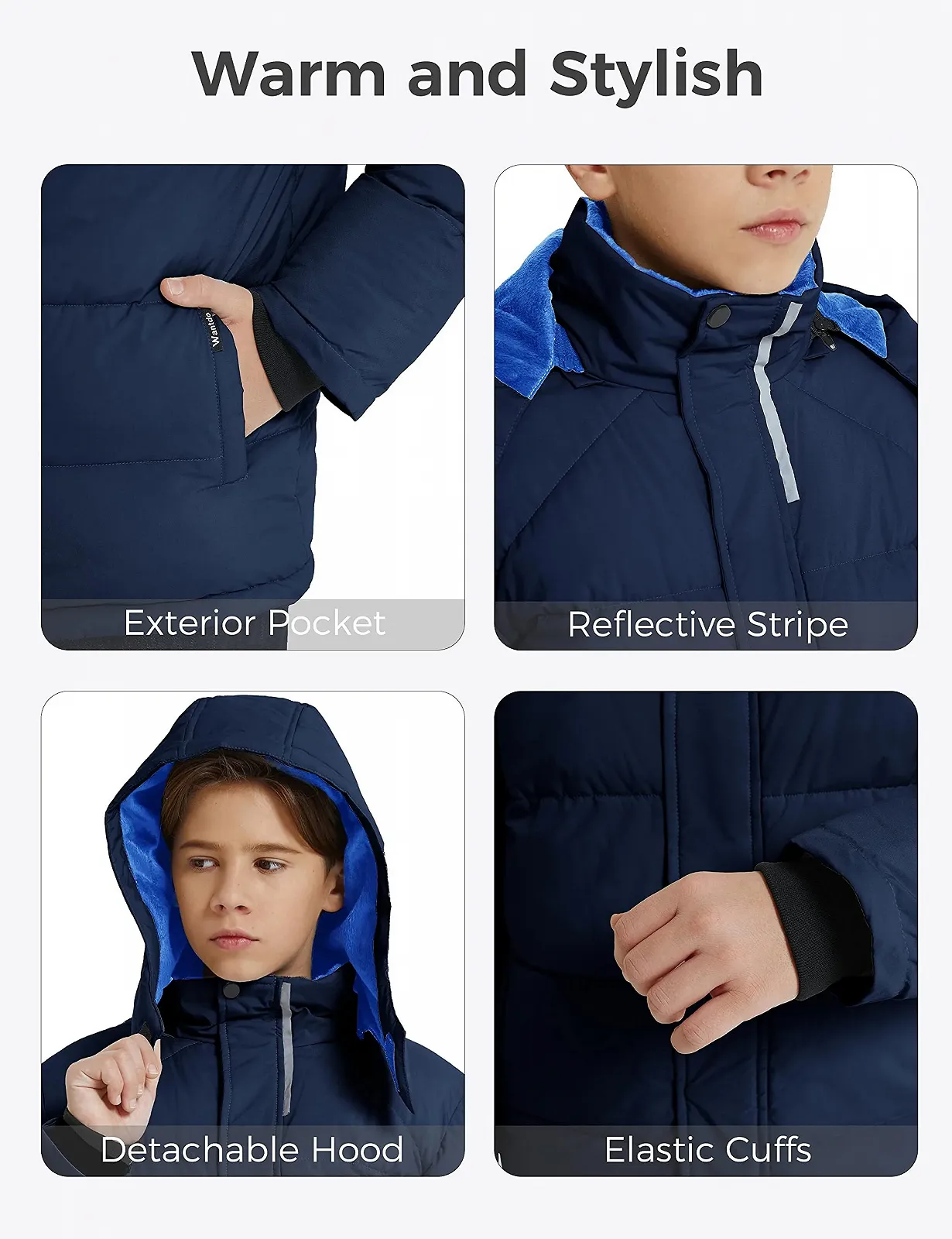 Куртка Wantdo Зимняя теплая флисовая куртка для мальчиков, утепленная хлопковая куртка, классическая ветрозащитная стеганая парка, уличная куртка с капюшоном, фото №6