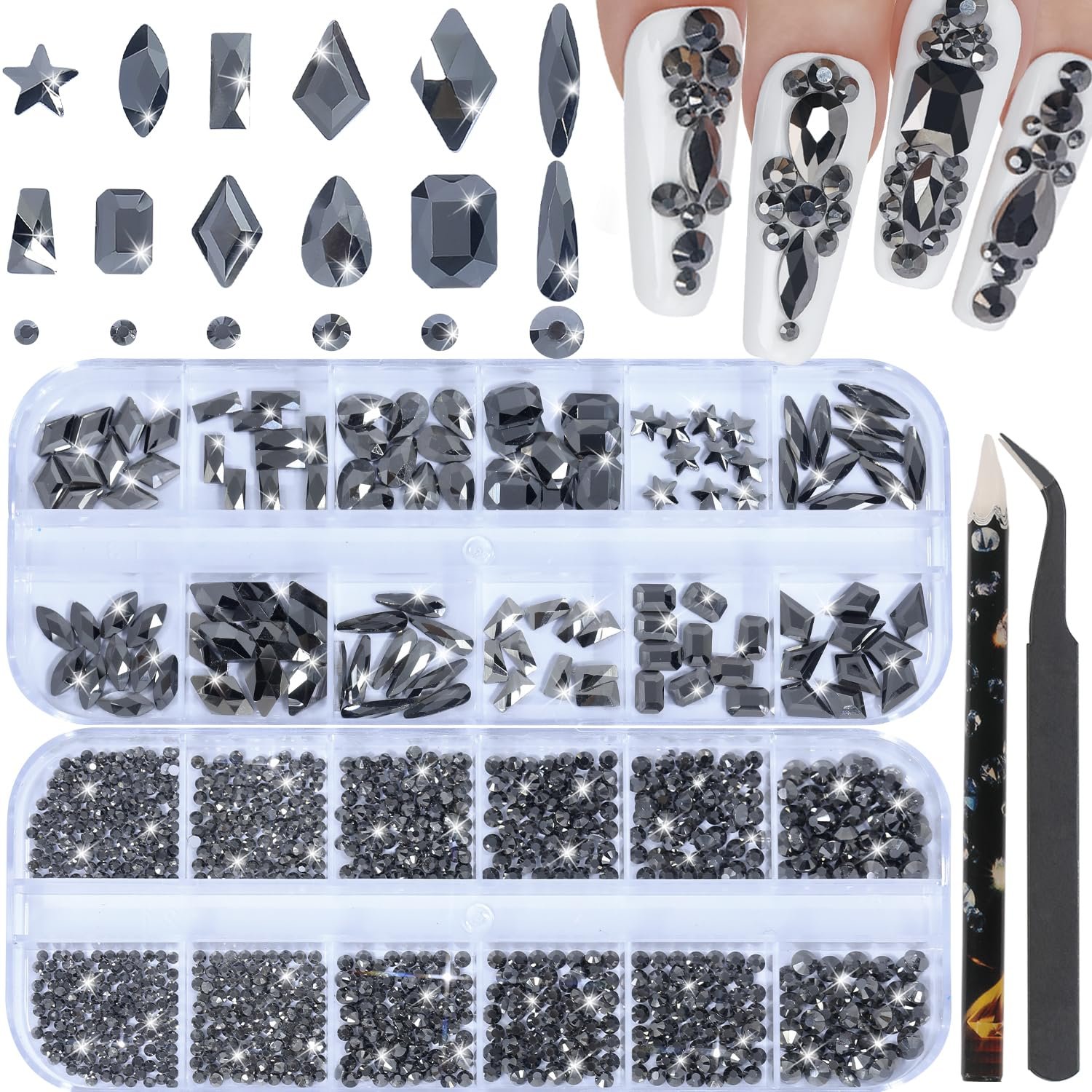 Набор страз 2920 шт Круглые стразы с плоской задней частью Самоцветы Разной формы Кристаллы для ногтей Минеральный серый, фото №1