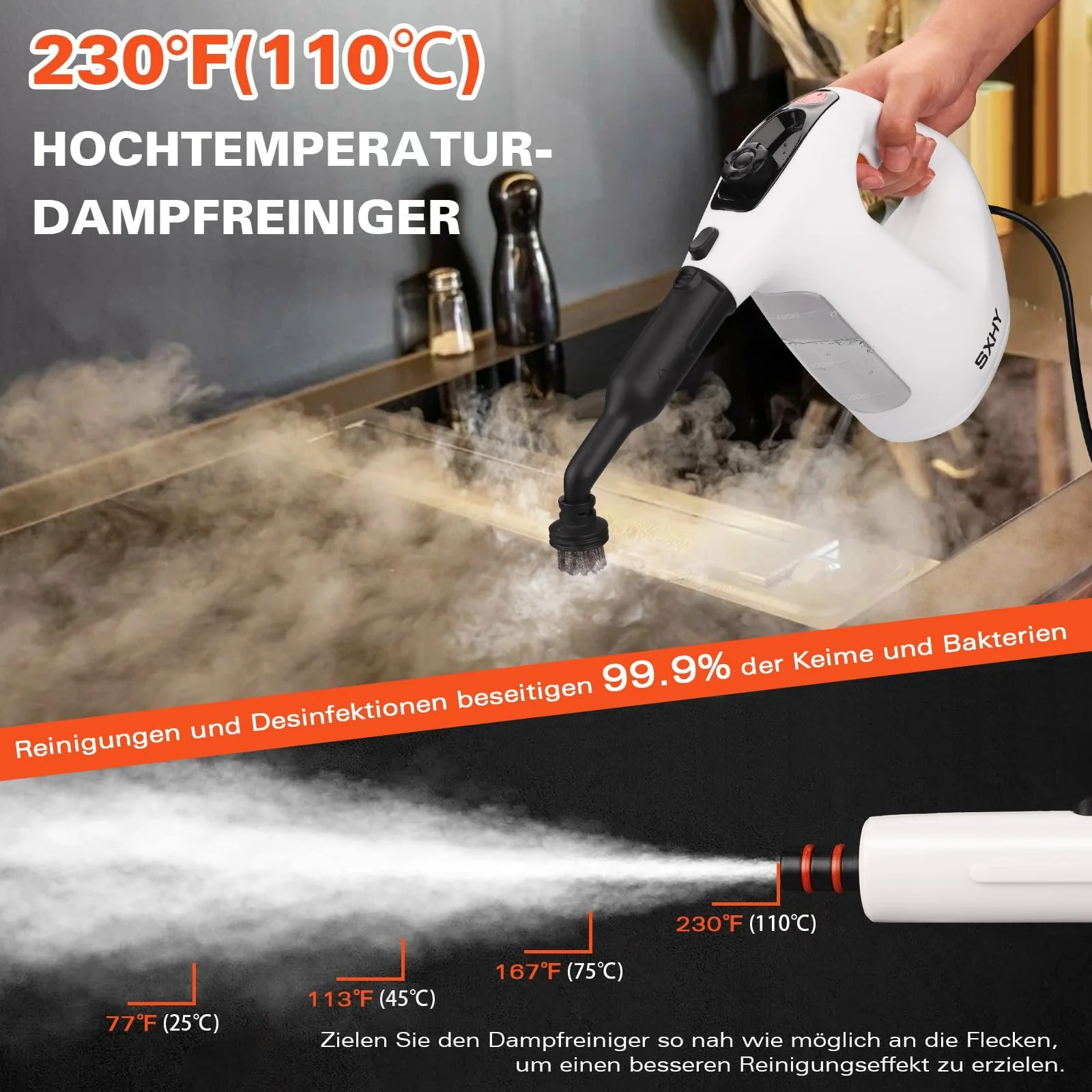 Ручний пароочисник SXHY Portable, багатоцільовий, прозорий резервуар для води, набір аксесуарів з 11 предметів для дивана, душу, оббивки, фото №5