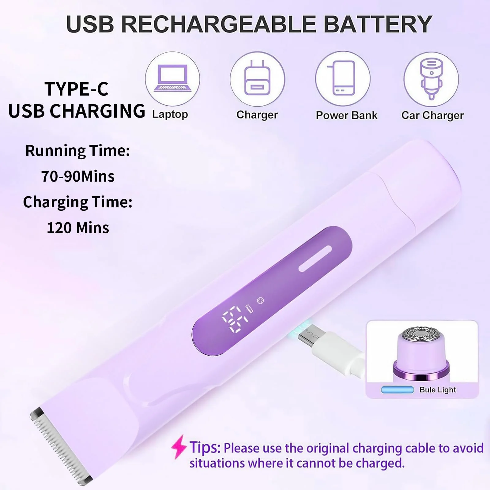 Жіноча бритва для інтимних зон USB-C IPX7 LED-дисплей Purple, фото №5 Жіноча бритва для інтимних зон USB-C IPX7 LED-дисплей Purple, фото №5