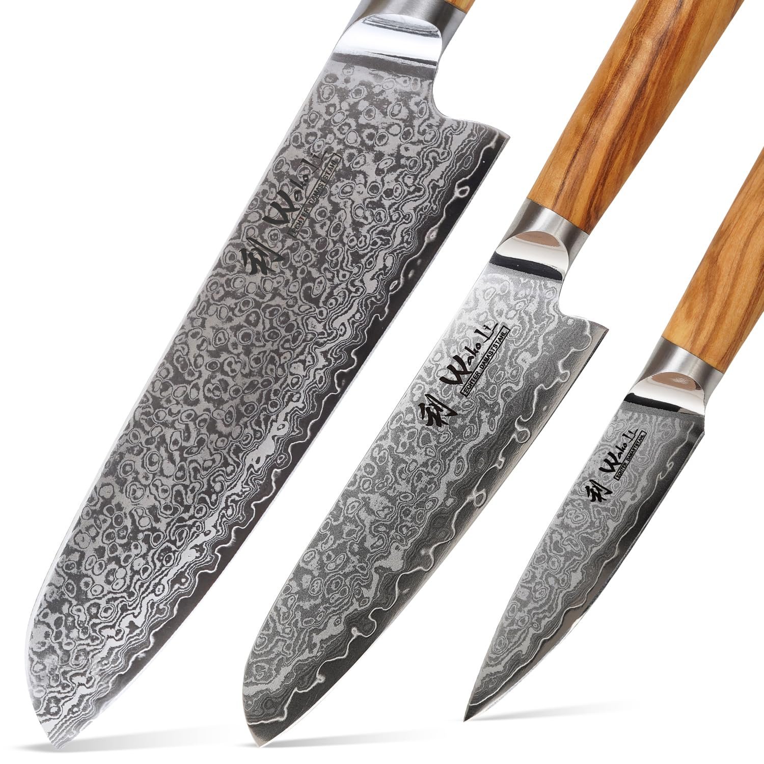 Набор ножей Wakoli Oribu Damask Kiritsuke, 3 шт, лезвия 11-20 см, 67 слоев, дамасская сталь, ручка оливковое дерево, фото №8