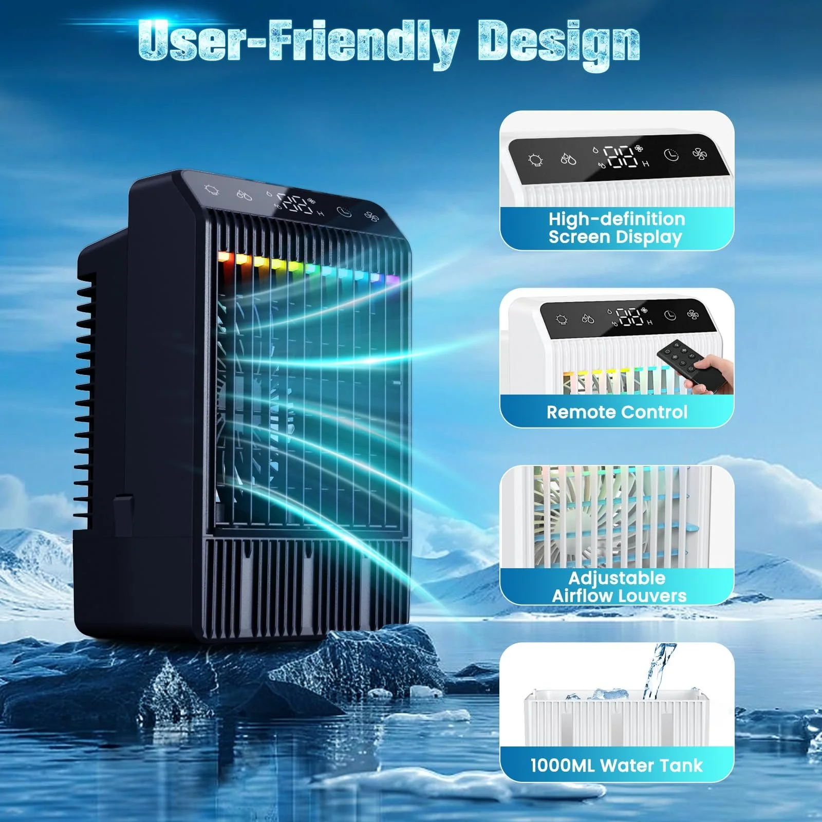 Мобильный мини-кондиционер 4 уровня скорости 1 L с подсветкой, фото №4