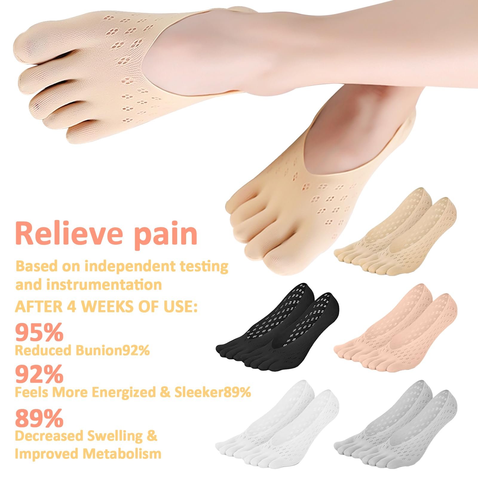 Носки с пальцами 10 пар Ортопедические компрессионные носки Низкие носки с пальцами Невидимые носки с разделенными пальцами с гелевой вкладкой, белый, черный, розовый, серый, телесный цвет, фото №4