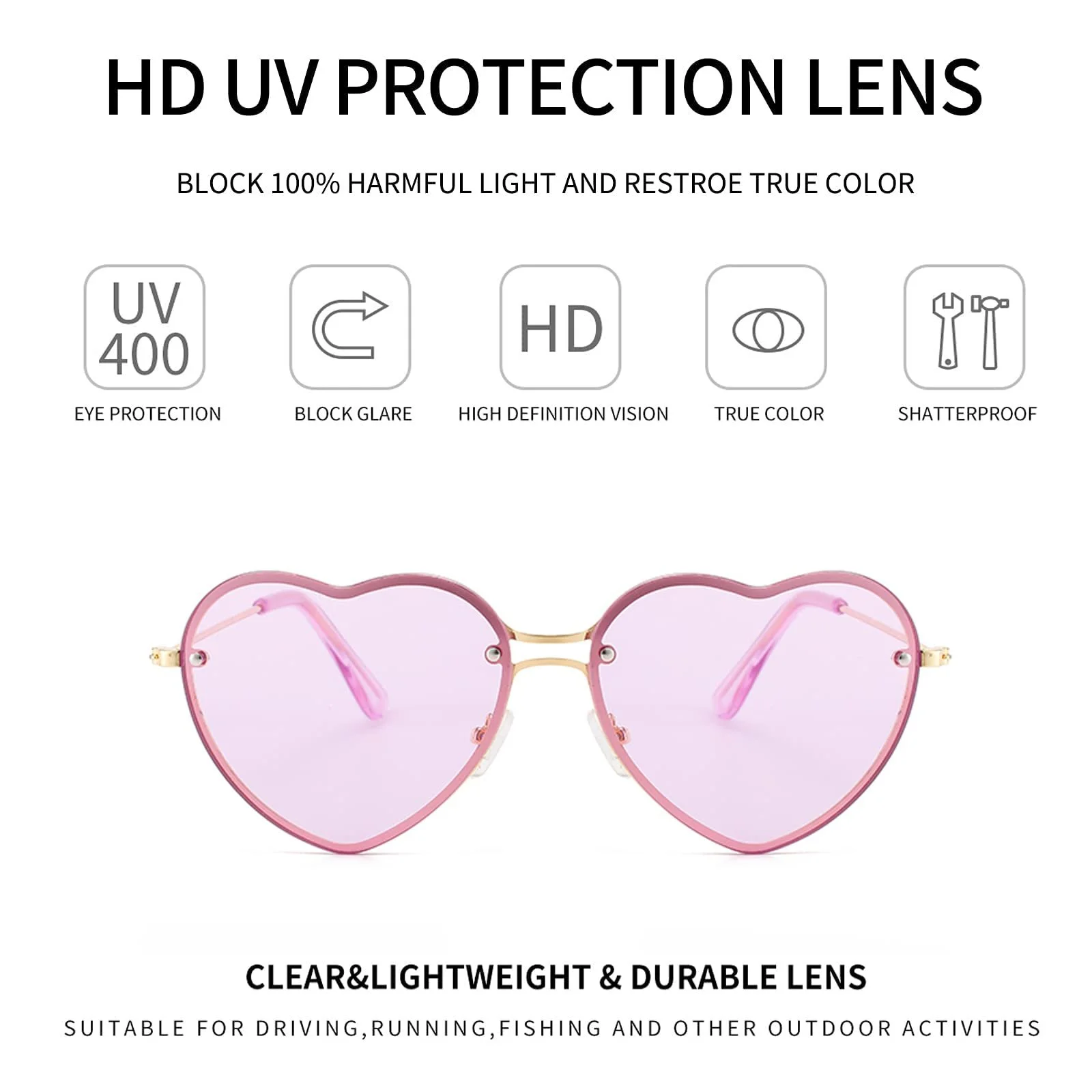 Солнцезащитные очки Сердце Dollger Без оправы Форма сердца Металлическая оправа UV400, фото №3