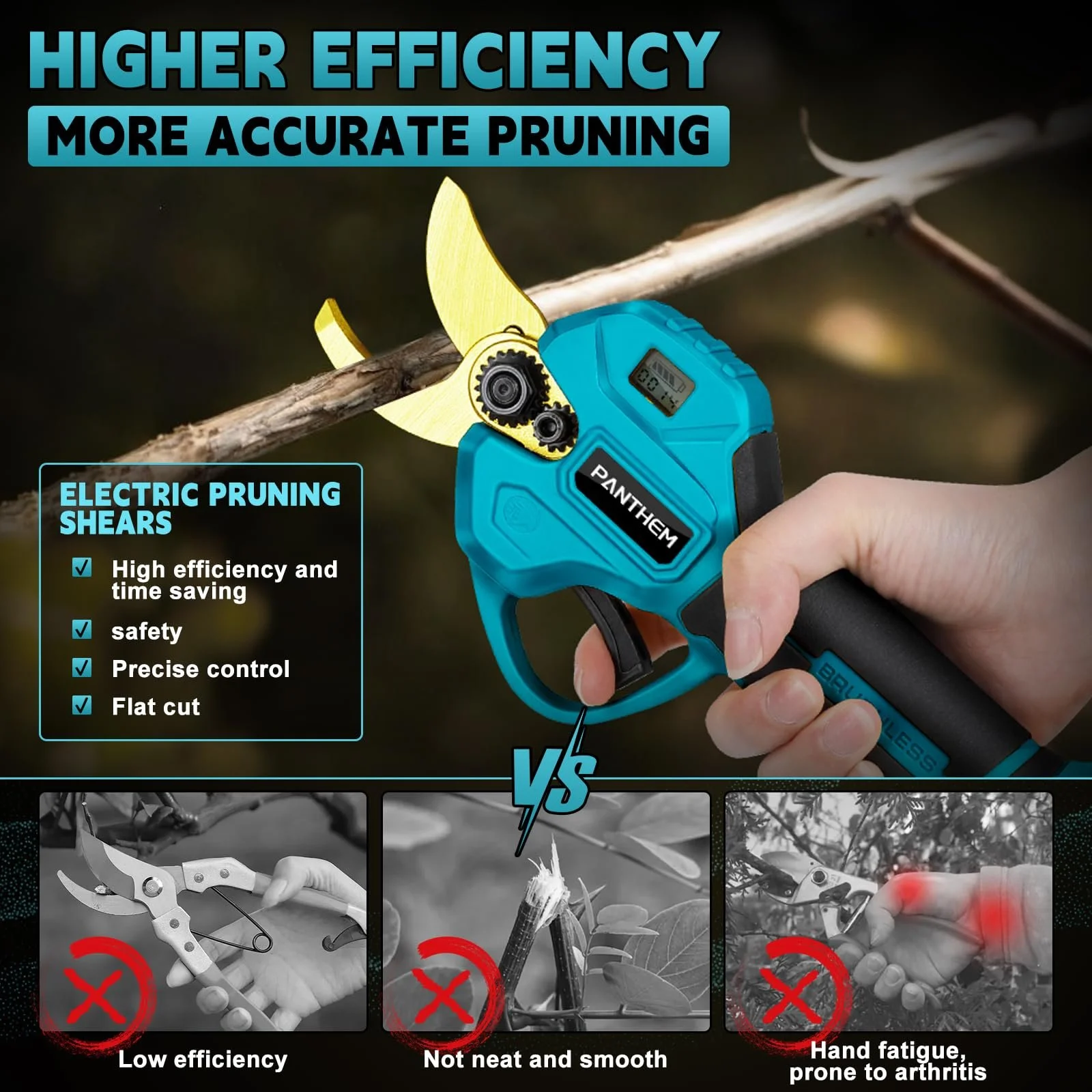 Акумуляторні гілкорізи з акумулятором і зарядним пристроєм 21 В 2000 мАг, професійні безщіткові електричні ножиці для обрізки з РК-дисплеєм, фото №4