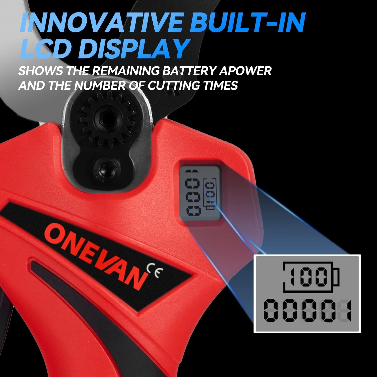 Секатор акумуляторний ONEVAN 800 Вт, діаметр різу 45 мм, з 2 акумуляторами 2.0Ah та LCD дисплеєм, фото №6