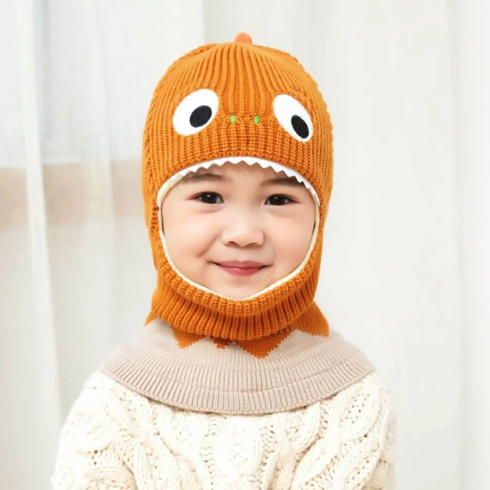 Шапка дитяча - Вязаная шапка-бини, теплая шапка-капюшон, шарф-шапка, унисекс, теплый вязаный набор шапка-шарф с помпоном, шерстяная шапка с защитой для ушей, шапка на флисовой подкладке для девочек и мальчиков, фото №4
