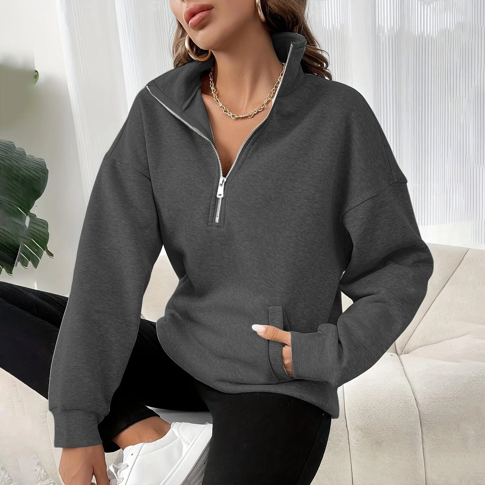Женский свитшот с круглым вырезом, полумолнией, большой худи, свитшоты на четверть молнии 2025, осенняя одежда, зимняя одежда с карманом для кемпинга, фото №7
