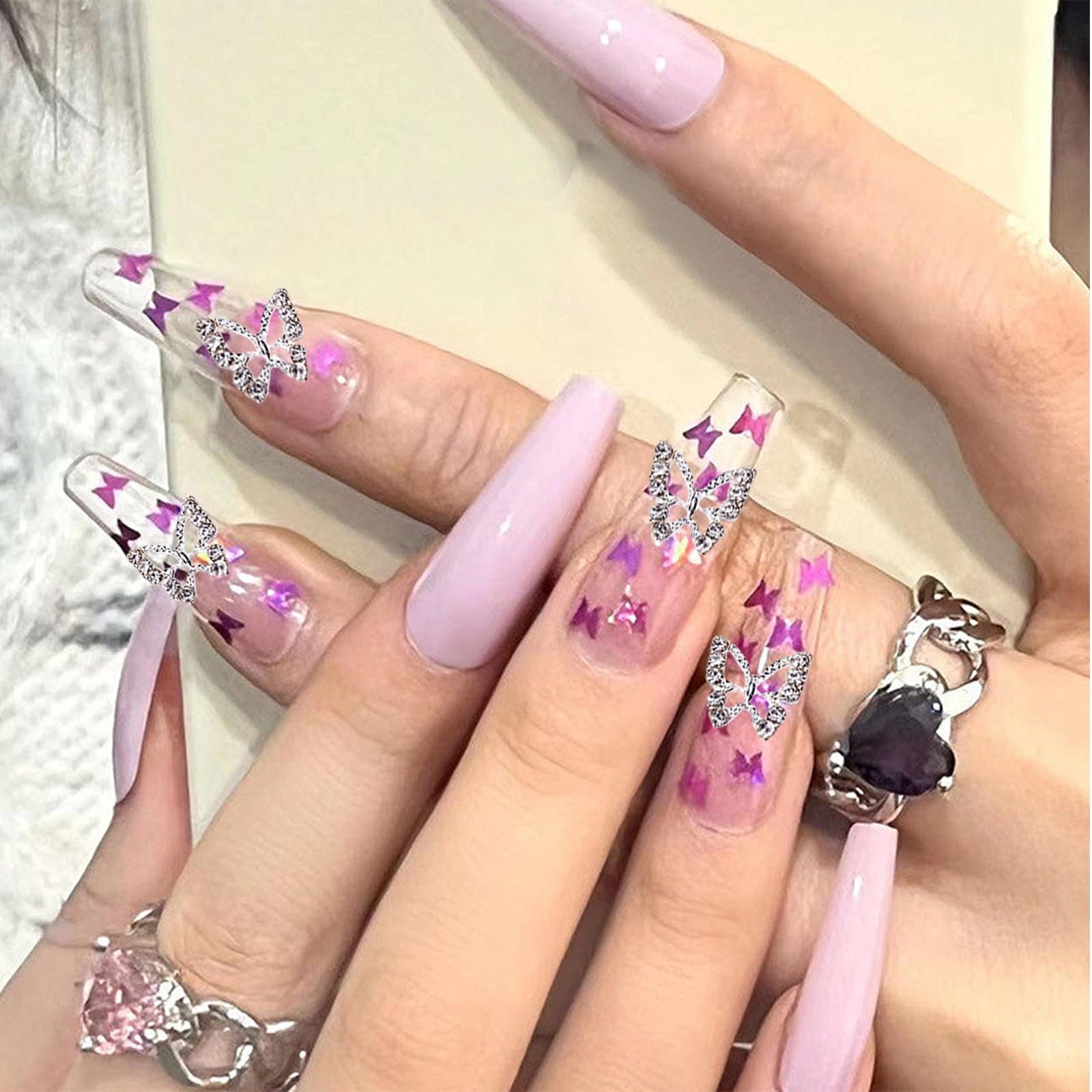 Подвески для ногтей Бабочки из сплава 10 шт серебристые металлические украшения для ногтей в форме бабочек хрустальные драгоценности для ногтей, фото №6