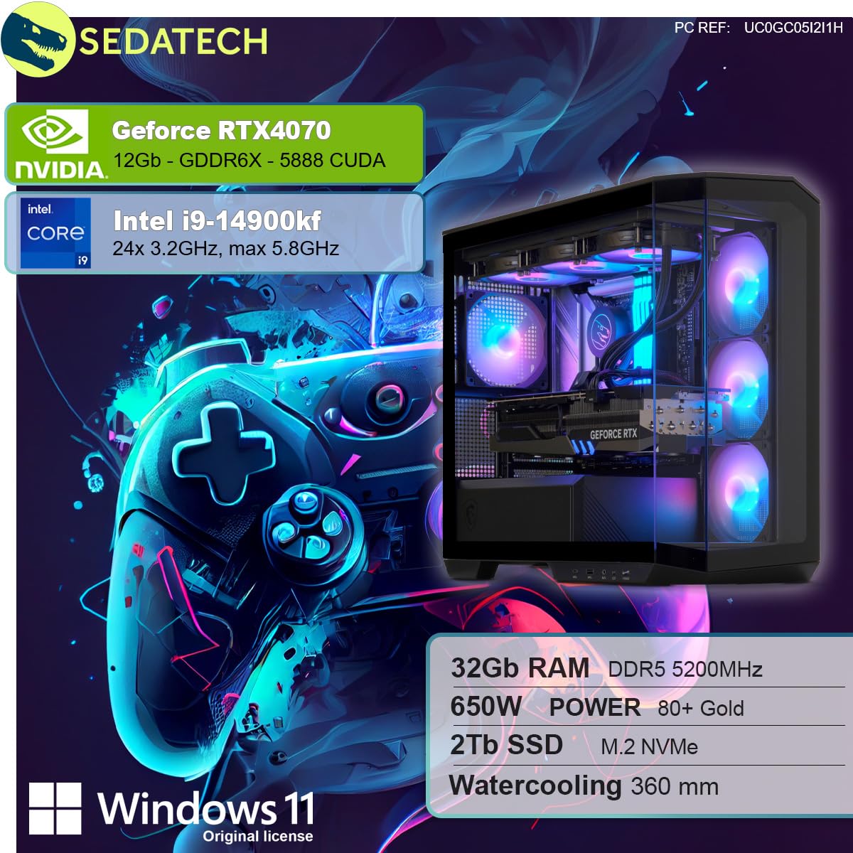Геймерський ПК Sedatech Advanced Водяне охолодження i9-14900KF RTX4070 32 GB DDR5 2TB SSD M.2 Windows 11, фото №2