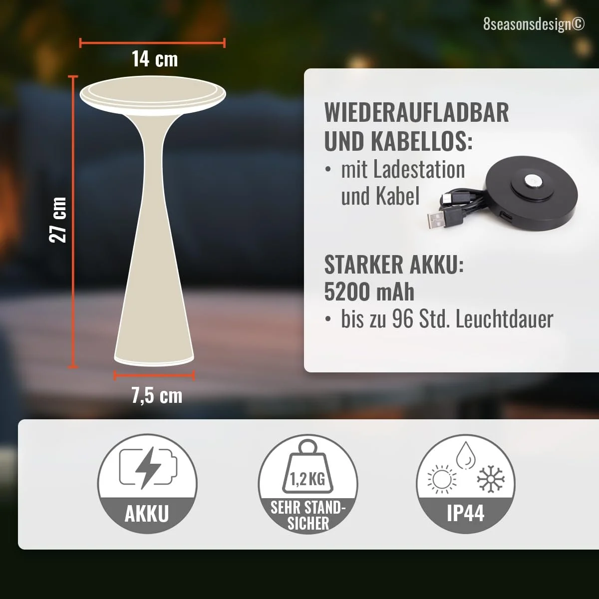 Настільна лампа 8 seasons Design Hello Space Wireless Dimmable 27 cm Aluminium Ivory, фото №5