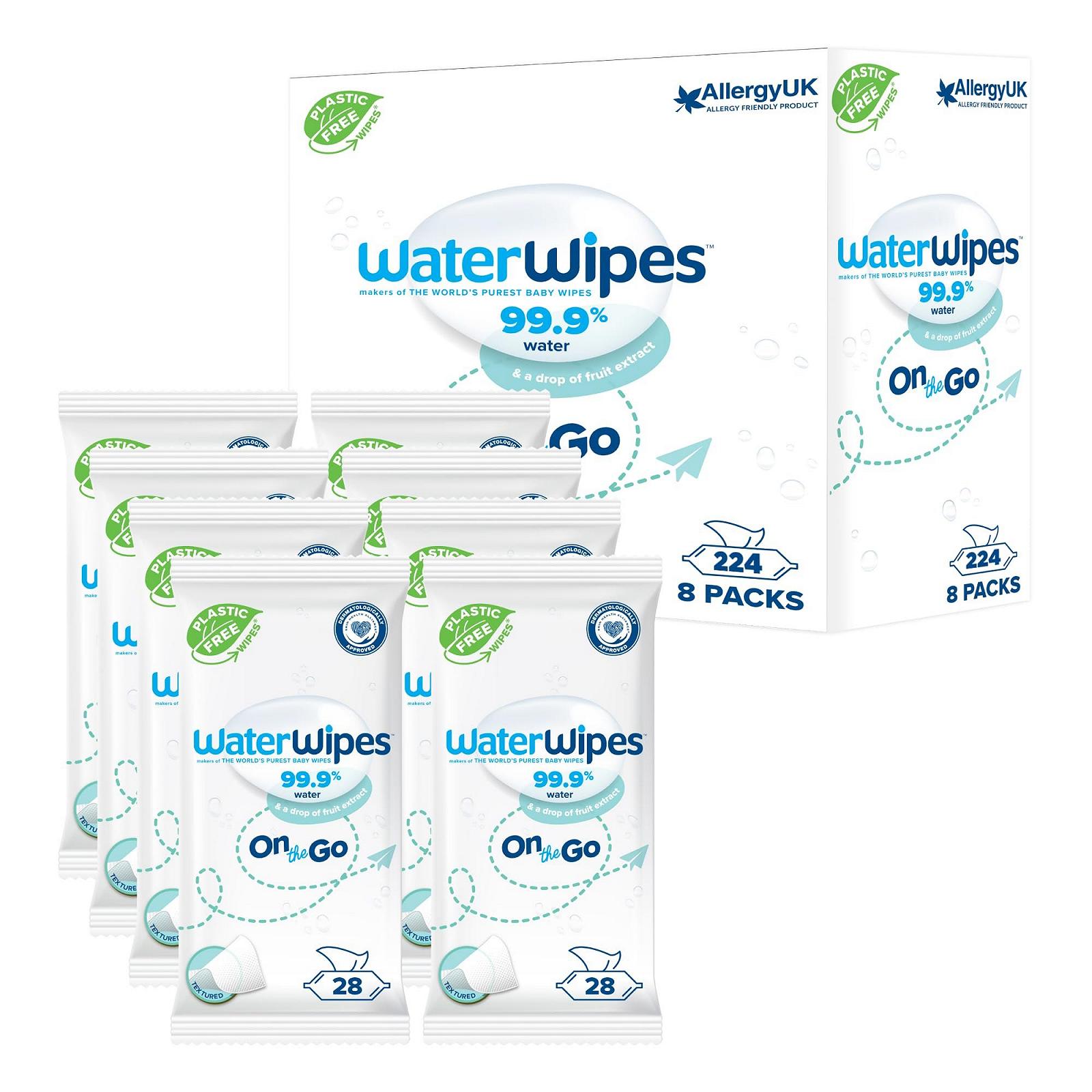Салфетки WaterWipes Travel, 224 шт (8 упаковок), влажные салфетки на 99,9% на водной основе, идеально подходят для путешествий, лица и тела, фото №1
