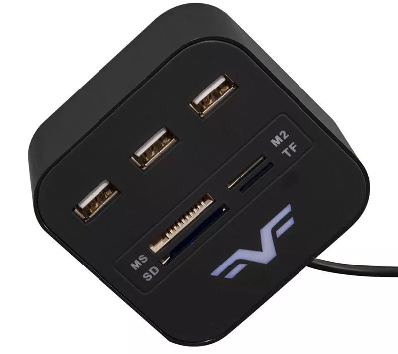 Концентратор USB 2.0 Frime 3хUSB2.0, SD MS TF Black (FHC-AllinOne3p2B), фото №1