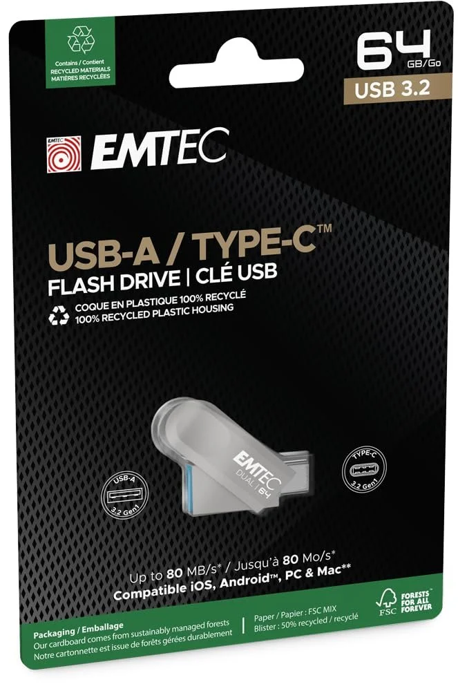 USB-накопичувач Emtec D280 64GB USB 3.2 Type-C Dual, фото №3