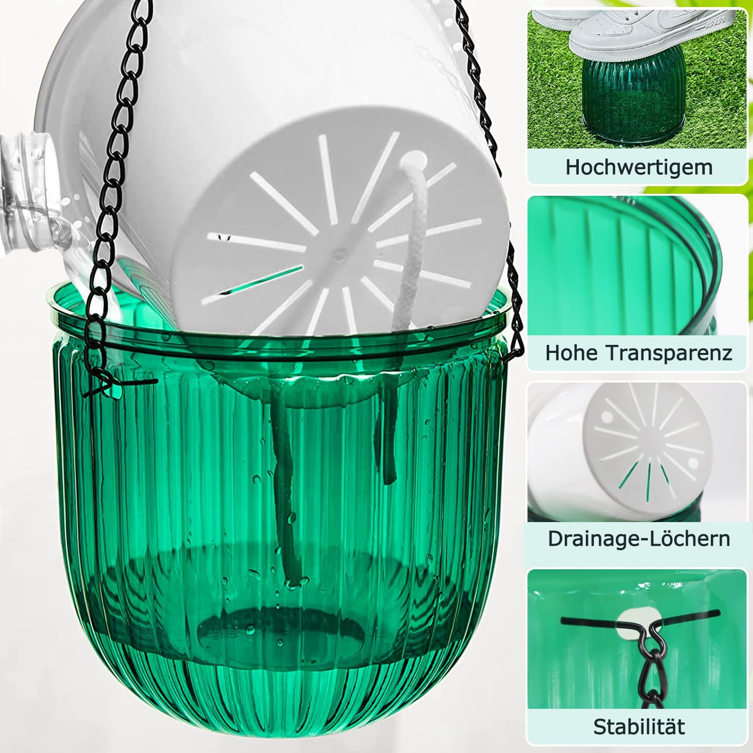 Набір підвісних вазонів з автополивом 2 шт. 16.5 см Зелений Прозорий ПЕТ, фото №4