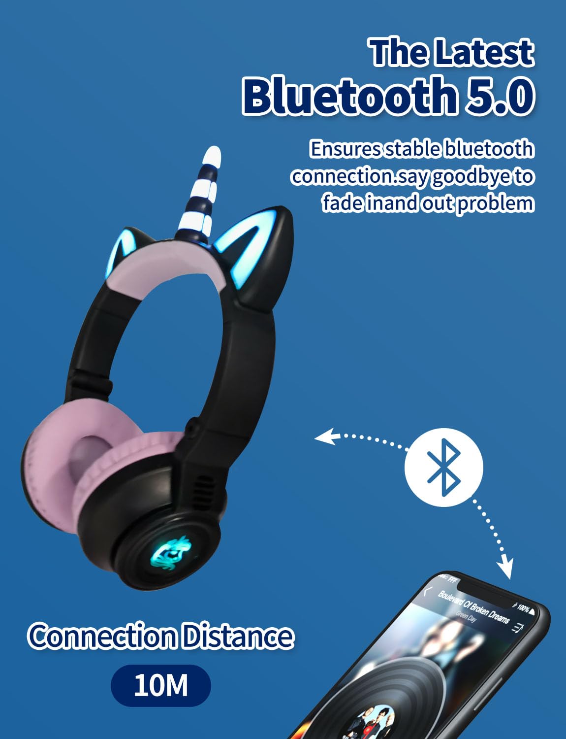 Навушники Bluetooth YUSONIC Unicorn для дівчаток хлопчиків з LED підсвіткою чорні, фото №3