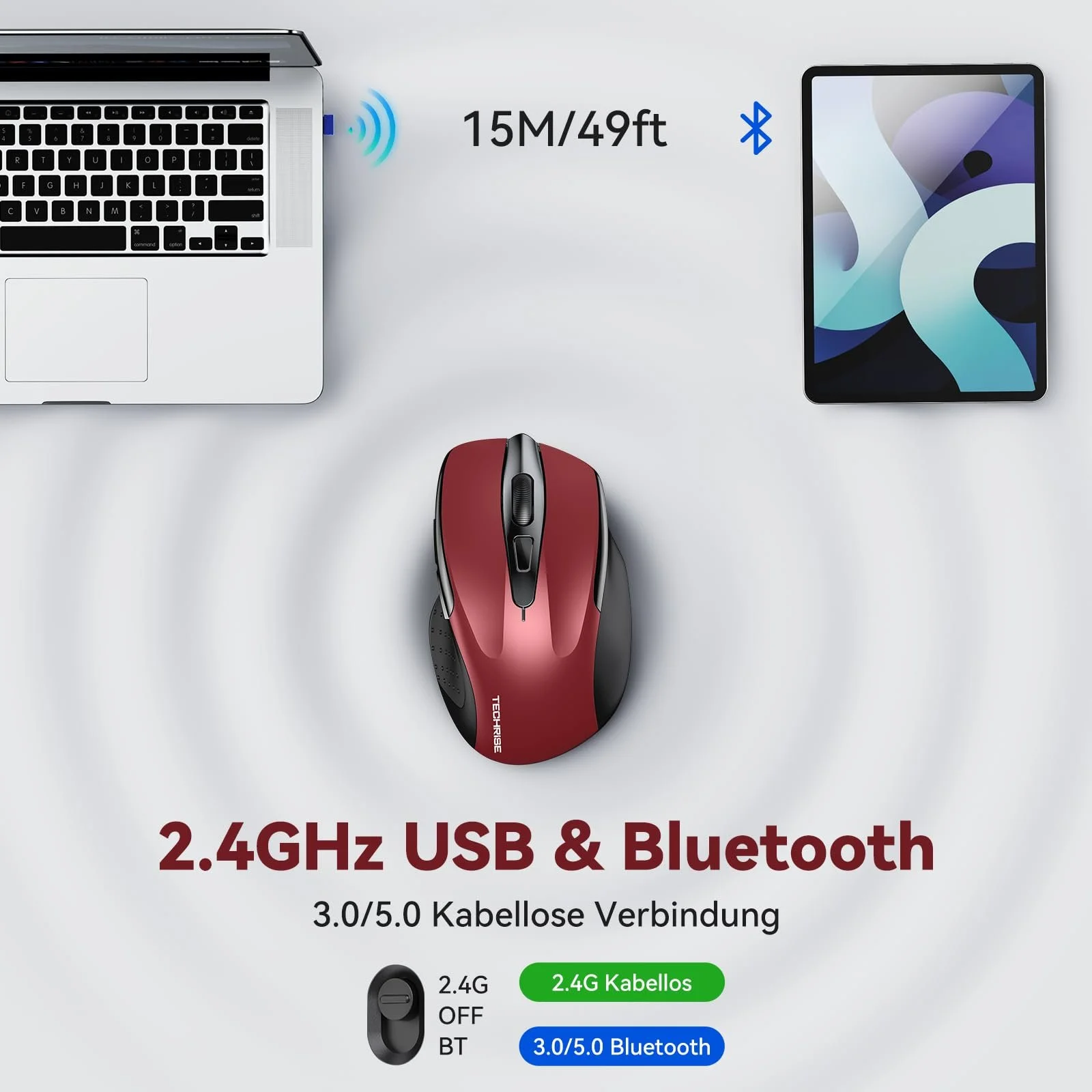 Мышь Беспроводная TechRise Bluetooth 2.4G, 4800 DPI, перезаряжаемая, эргономичная с USB-A ресивером, 6 уровней DPI, тихая, фото №2