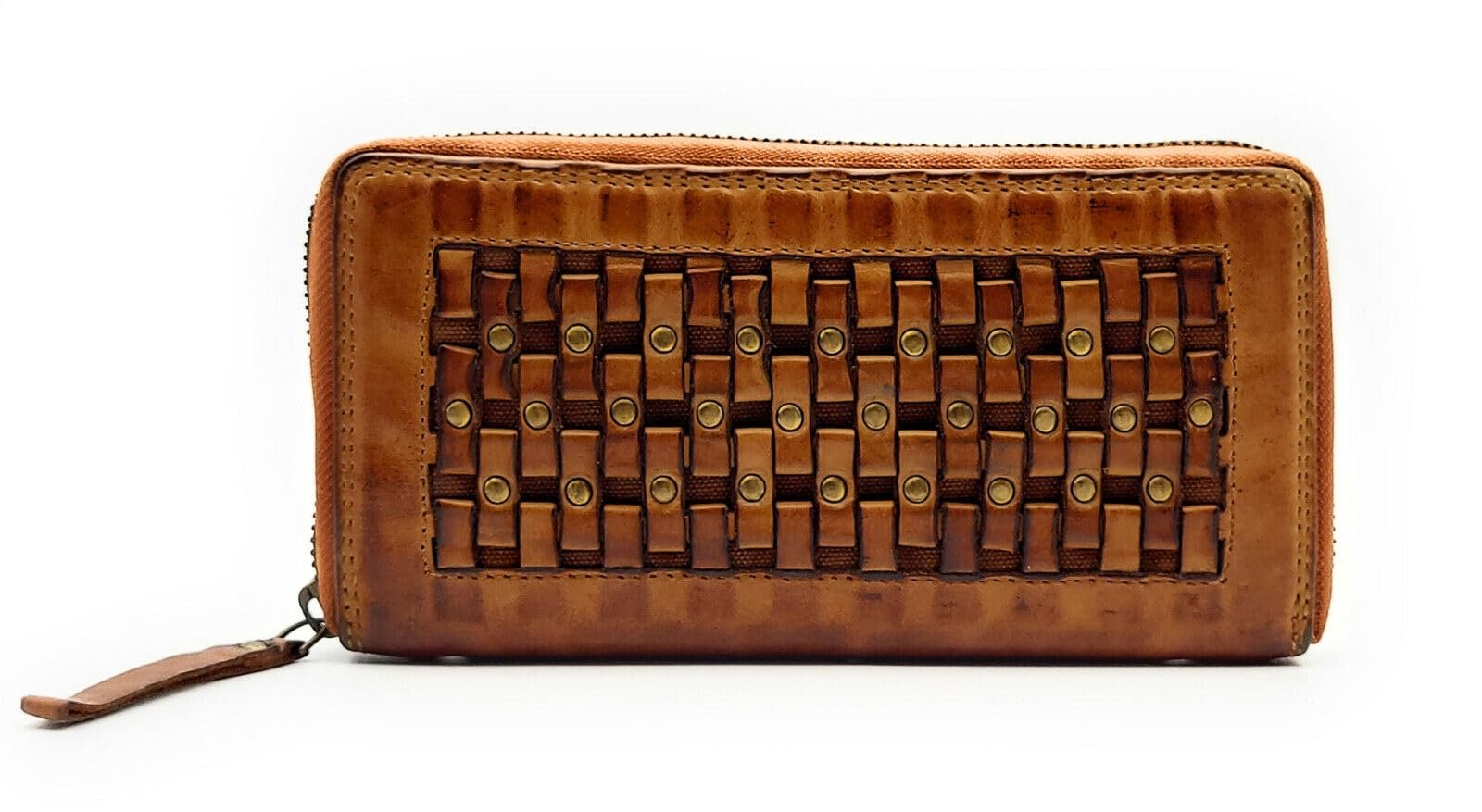 Кошелек Женский из Натуральной Кожи Wash Кожа с Заклепками Braided Look RFID Защита Cognac Contemporary, фото №1